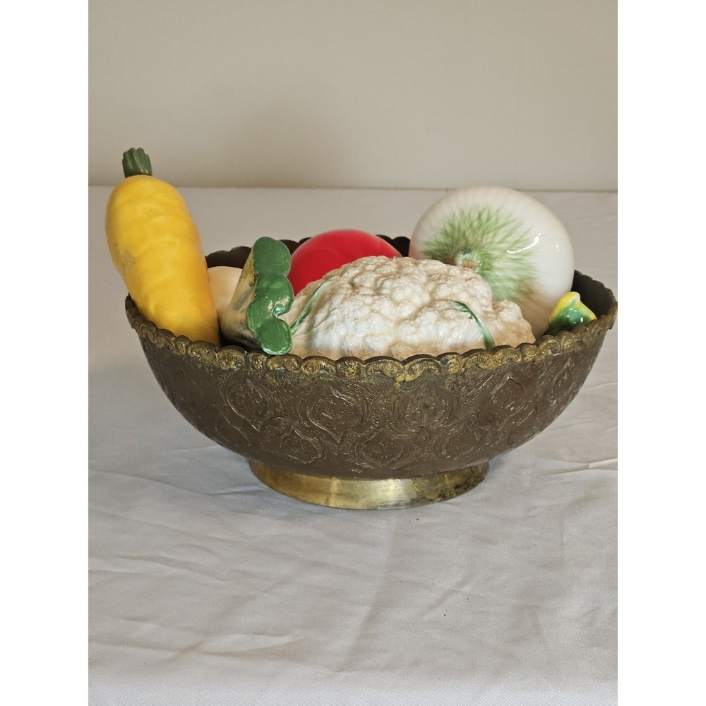 Vintage Etched Brass Bowl with Ceramic Vegetables Centerpiece Decor Set